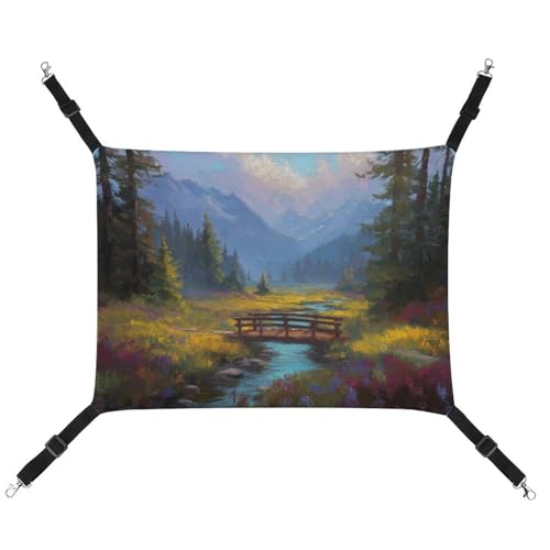 Jubonexis Bunte Wildblumen-Sonnenuntergangs-Holzbrücke, atmungsaktive Haustier-Hängematte mit verstellbaren Riemen, wendbar, Katzenbett, Hundematten Jubonexis Bunte Wildblumen-Sonnenuntergangs-Holzbrücke, atmungsaktive Haustier-Hängematte mit verstellbaren Riemen, wendbar, Katzenbett, Hundematten von Jubonexis