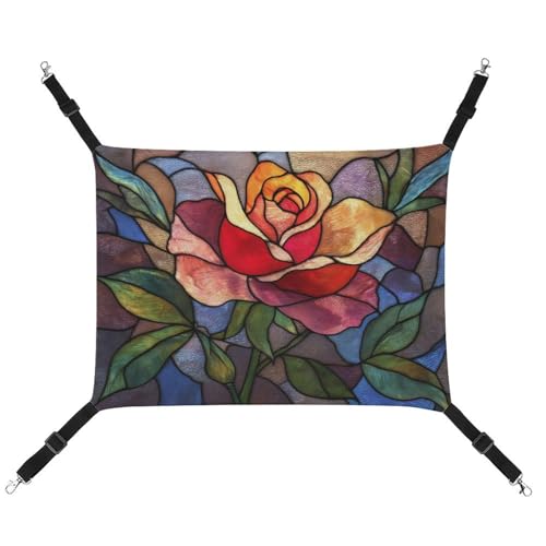 Jubonexis Buntglas mit Pflanzen und Rosen, rot, atmungsaktive Haustierhängematte mit verstellbaren Riemen, wendbar, Katzenbett, Hundematten von Jubonexis