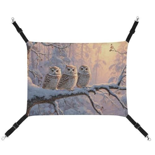 Jubonexis Drei Eulen auf schneebedecktem Baumzweig, Winter, atmungsaktiv, Haustierhängematte mit verstellbaren Riemen, wendbar, Katzenbett, Hundematten von Jubonexis
