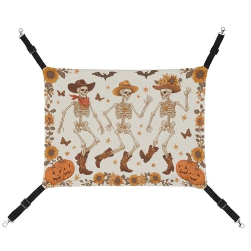 Jubonexis Halloween Tanzende Skelett Cowboy-Hüte Stiefel Atmungsaktive Haustierhängematte mit verstellbaren Riemen, wendbar, Katzenbett, Hundematten von Jubonexis