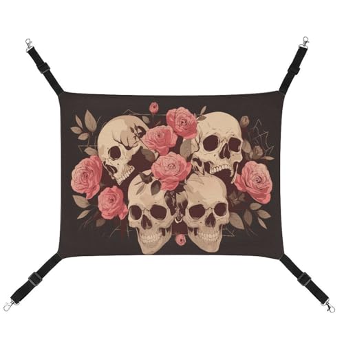 Jubonexis Haustier-Hängematte mit großen Totenköpfen, rosa Rosen, atmungsaktiv, mit verstellbaren Riemen, wendbar, Katzenbett, Hundematten Jubonexis Haustier-Hängematte mit großen Totenköpfen, rosa Rosen, atmungsaktiv, mit verstellbaren Riemen, wendbar, Katzenbett, Hundematten von Jubonexis