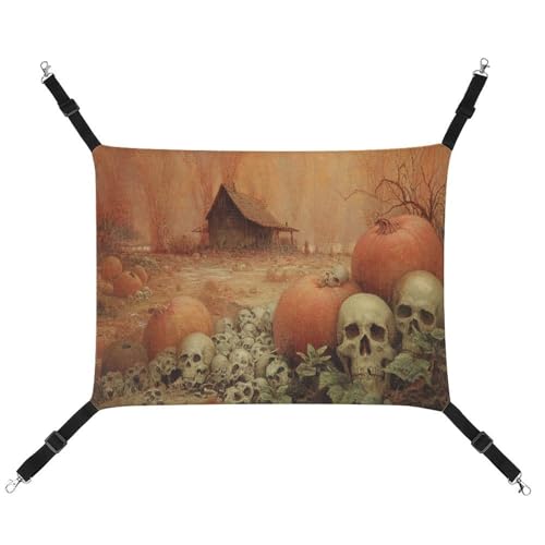 Jubonexis Kürbisse und Totenköpfe Halloween Dark Horror atmungsaktive Haustierhängematte mit verstellbaren Riemen, wendbar, Katzenbett, Hundematten von Jubonexis