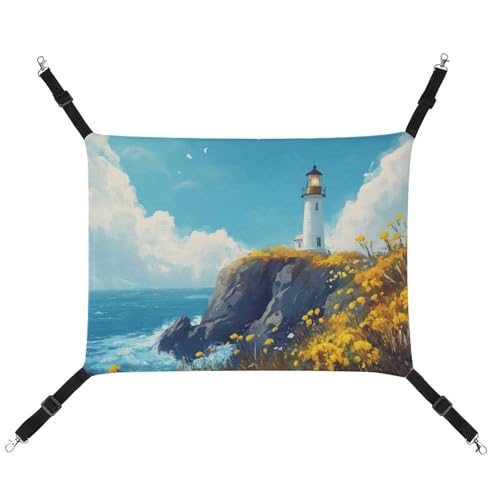 Jubonexis Lighthouse Rocky Coast gelbe Blumen Wellen atmungsaktive Haustierhängematte mit verstellbaren Riemen, wendbar, Katzenbett, Hundematten von Jubonexis