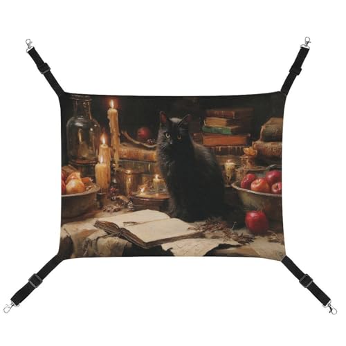 Jubonexis Schwarze Katze, alte Bücher, Kerzen, Gothic, dunkel, atmungsaktiv, Haustierhängematte mit verstellbaren Riemen, wendbar, Katzenbett, Hundematten von Jubonexis
