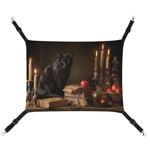 Jubonexis Schwarze Katze, antike Bücher, Kerzen, Gothic, atmungsaktiv, Haustierhängematte mit verstellbaren Riemen, wendbar, Katzenbett, Hundematten von Jubonexis