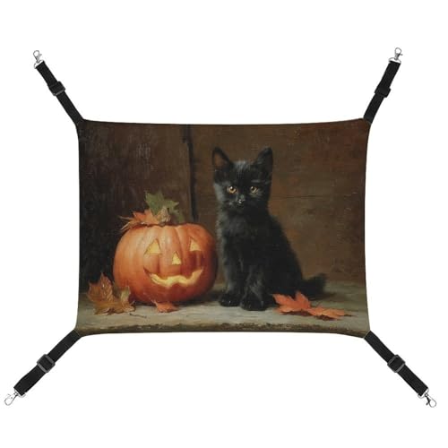 Jubonexis Schwarze Katze geschnitzter Kürbis Halloween atmungsaktive Haustierhängematte mit verstellbaren Riemen, wendbares Katzenbett zum Aufhängen, Hundematten von Jubonexis