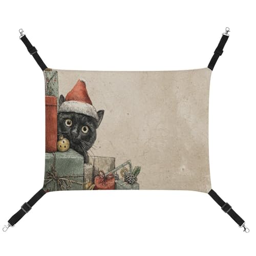 Jubonexis Schwarze Katze mit Weihnachtsmannmütze, atmungsaktive Haustierhängematte mit verstellbaren Riemen, wendbar, Katzenbett, Hundematten von Jubonexis