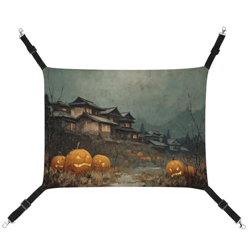 Jubonexis Vintage Halloween Kürbisse Japanische Häuser Atmungsaktive Haustier Hängematte mit verstellbaren Riemen Reversible Katze Hängende Bett Hundematten von Jubonexis