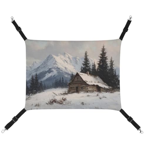 Jubonexis Vintage Old Log Cabin in The Snowy Mountain Atmungsaktive Haustierhängematte mit verstellbaren Riemen, wendbar, Katzenbett, Hundematten von Jubonexis
