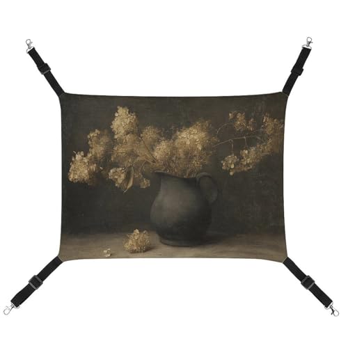 Vintage Getrocknete Hortensien Blumen im alten Krug, atmungsaktive Haustierhängematte mit verstellbaren Riemen, wendbar, Katzenbett, Hundematten von Jubonexis