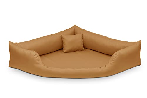 Juelle Hundebett aus Kunstleder Ecksofa Gabi M-XXL für mittlere und große Hunde, Kuscheliges Kissen (80x80 cm, Sonnenbeige) von Juelle
