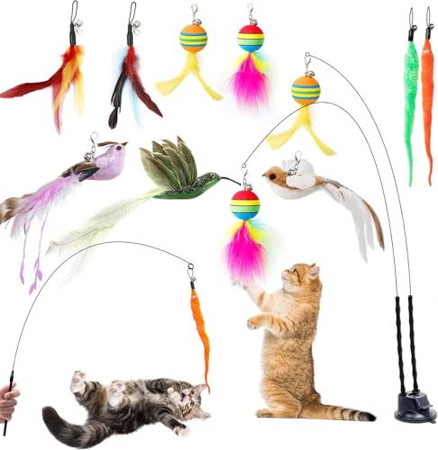 Interaktive Katzenspielzeug Set 12 Stück – Interaktive Katzenangel mit Saugnapf, Federn, Glöckchen, Maus, Wollball, Selbstbeschäftigung & Intelligenzspielzeug für Katzen, Langlebig & Ungiftig von Jukibole
