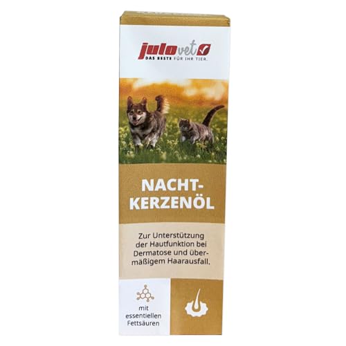 JuloVet Nachtkerzenöl | 50 ml | Flüssiges Einzelfuttermittel für Hunde und Katzen | Zur Unterstützung der Haut"Funktion bei Derma"tose, Haar""ausfall und Schuppenbildung von JuloVet