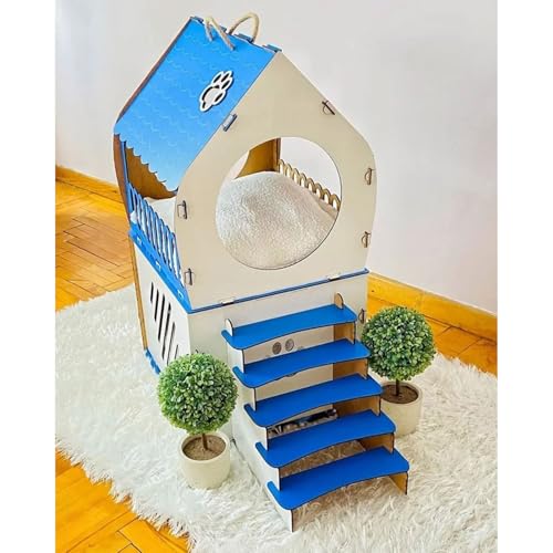 2-stöckiges Katzenhaus Blau-Weiß – Mit Treppe & Fenster – MDF-Holz – Indoor – Für kleine & mittelgroße Katzenrassen von Jungengel