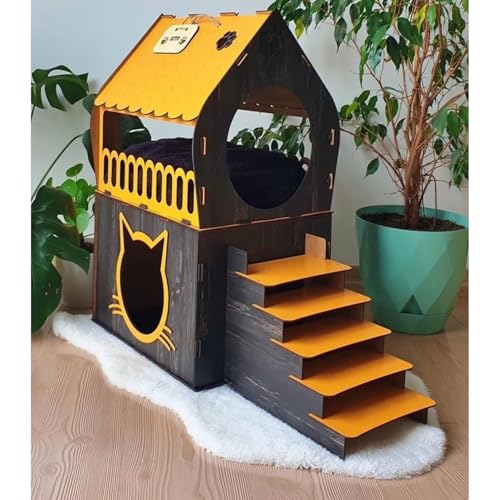 2-stöckiges Katzenhaus Orange-Schwarz – Mit Treppe & Fenster – MDF-Holz – Indoor – Für kleine & mittelgroße Katzenrassen von Jungengel