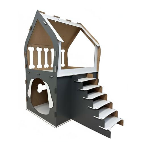 Jungengel 3XL Hundehütte für kleine Hunde – Indoor Hundebett mit Treppe & Balkon – MDF Haus mit 2 Ebenen, 91x84x58 cm – Stecksystem ohne Schrauben – bis 10 kg Hundehaus (Anthrazit | Weiß, 3XL) von Jungengel