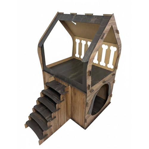 Jungengel 3XL Hundehütte für kleine Hunde – Indoor Hundebett mit Treppe & Balkon – MDF Haus mit 2 Ebenen, 91x84x58 cm – Stecksystem ohne Schrauben – bis 10 kg Hundehaus (Dunkelbraun | Braun, 3XL) von Jungengel