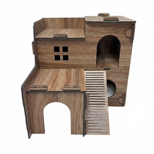 Jungengel Hamsterhaus, 2-stöckiges Holz-Nagerhaus mit Rampen und Höhlen, Weiß, Rosa, Braun, 23x21,5x21 cm, Stecksystem für Hamster und Mäuse (Braun) von Jungengel