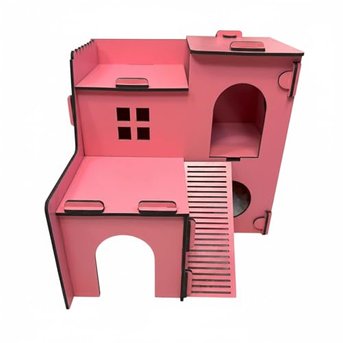 Jungengel Hamsterhaus, 2-stöckiges Holz-Nagerhaus mit Rampen und Höhlen, Weiß, Rosa, Braun, 23x21,5x21 cm, Stecksystem für Hamster und Mäuse (Rosa) von Jungengel
