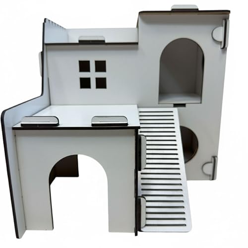 Jungengel Hamsterhaus, 2-stöckiges Holz-Nagerhaus mit Rampen und Höhlen, Weiß, Rosa, Braun, 23x21,5x21 cm, Stecksystem für Hamster und Mäuse (Weiss) von Jungengel