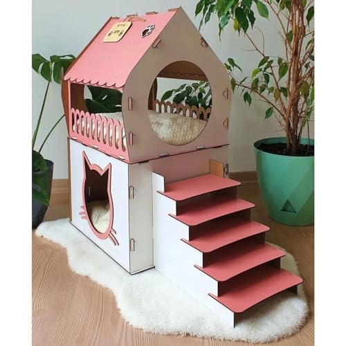 XL Katzenhaus Rosa/Pink – Zweistöckiges Katzenhaus aus MDF mit Rampe – Ideal für 1–2 Katzen – Indoor geeignet von Jungengel