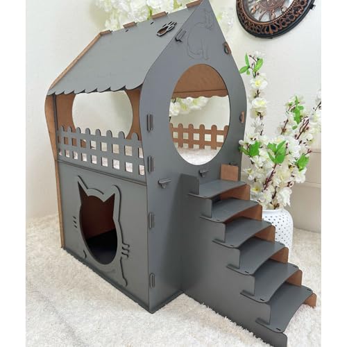 Zweistöckiges MDF Katzenhaus – Anthrazit – Werkzeugloser Aufbau – Größen XL, XXL, 3XL (Anthrazit, XL) von Jungengel