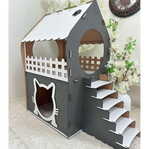 Zweistöckiges MDF Katzenhaus – Anthrazit & Weiß – Werkzeugloser Aufbau – Größen XL, XXL, 3XL (Anthrazit & Weiß, XL) von Jungengel