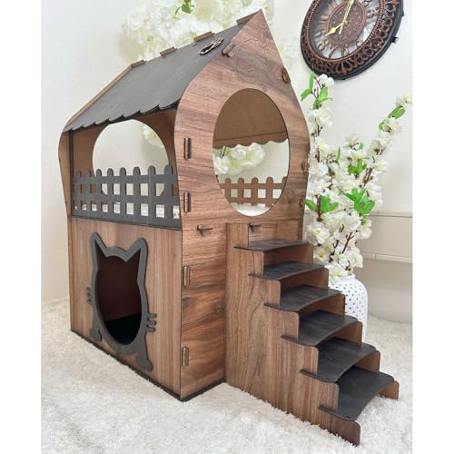 Zweistöckiges MDF Katzenhaus – Braun & Dunkelbraun – Werkzeugloser Aufbau – Größen XL, XXL, 3XL (Braun & Dunkelbraun, XL) von Jungengel