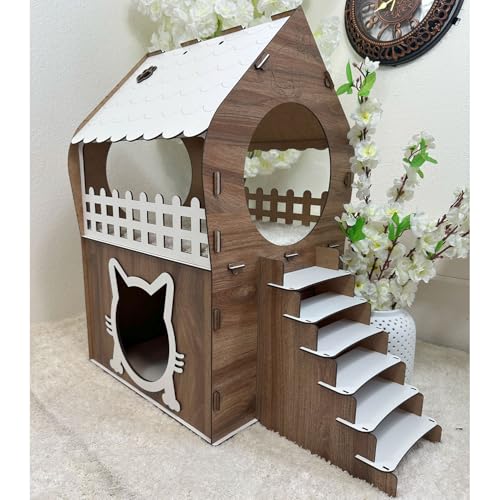 Zweistöckiges MDF Katzenhaus – Braun & Weiß – Werkzeugloser Aufbau – Größen XL, XXL, 3XL (Braun & Weiß, 3XL) von Jungengel