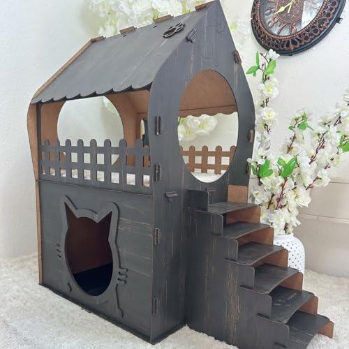 Zweistöckiges MDF Katzenhaus – Dunkelbraun – Werkzeugloser Aufbau – Größen XL, XXL, 3XL (Dunkelbraun, XL) von Jungengel