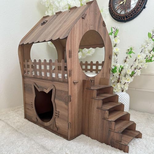 Zweistöckiges MDF Katzenhaus – Holzoptik Braun – Werkzeugloser Aufbau – Größen XL, XXL, 3XL (Holzoptik, XL) von Jungengel