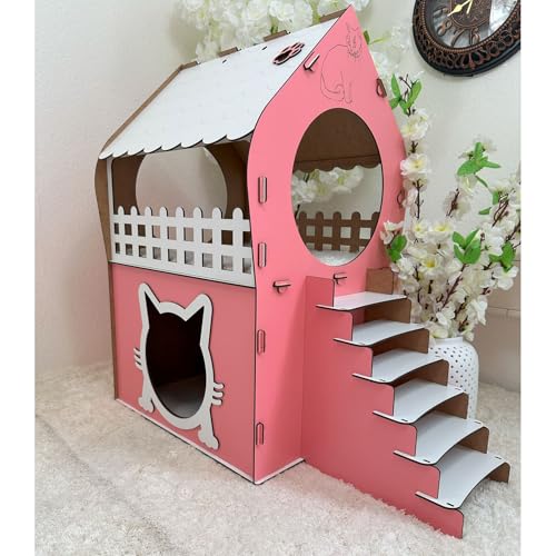 Zweistöckiges MDF Katzenhaus – Pink & Weiß – Werkzeugloser Aufbau – Größen XL, XXL, 3XL (Pink & Weiß, XL) von Jungengel