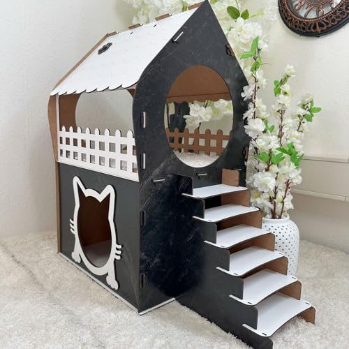 Zweistöckiges MDF Katzenhaus – Schwarz & Weiß Marmoroptik – Werkzeugloser Aufbau – Größen XL, XXL, 3XL (Schwarz & Weiß, XL) von Jungengel