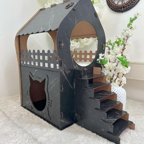 Zweistöckiges MDF Katzenhaus – Schwarze Marmoroptik – Werkzeugloser Aufbau – Größen XL, XXL, 3XL (Marmoroptik, XL) von Jungengel