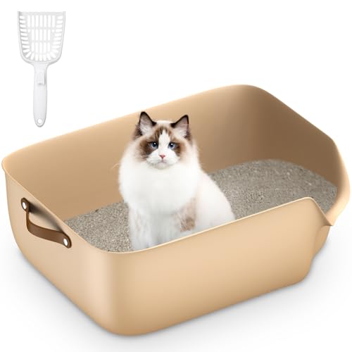 Katzenklo Groß - Offene Katzentoilette mit Ledergriff & Gratis Katzenstreuschaufel, Leicht zu Reinigen & Langlebiges Design, Beige von Junhonsion