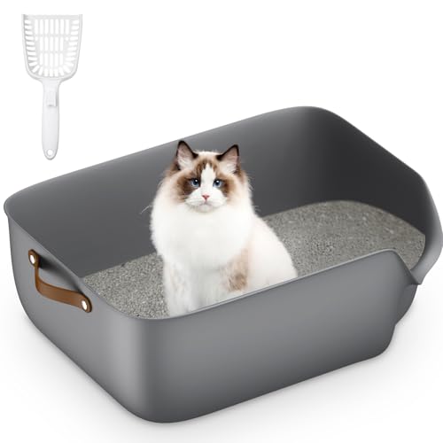 Katzenklo Groß - Offene Katzentoilette mit Ledergriff & Gratis Katzenstreuschaufel, Leicht zu Reinigen & Langlebiges Design, Grau von Junhonsion
