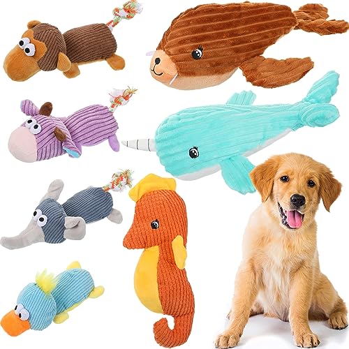 Junkin 7 Stück Hundespielzeug, quietschendes Hundespielzeug, unzerstörbares Welpen-Kauspielzeug zum Zahnen, Stofftier, Plüschtier, Hundespielzeug, mittelgroße und große Hunde, verschiedene Tierstile von Junkin