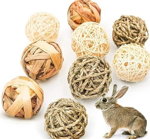 Junrvivy 9 Stück Kaninchen Kaubälle, Kaninchen Zubehör, Hasenspielzeug, Natürliche Timothy Heu Sticks, Geeignet für Kleintiere, Kaninchen, Chinchillas, Hamster von Junrvivy