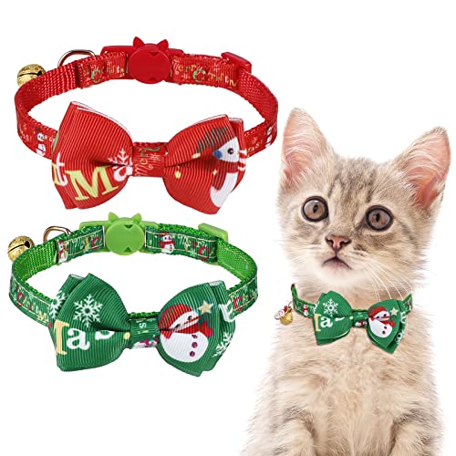 2 Stück Weihnachtskatzenhalsbänder mit Glocke, Jupsk verstellbare Kätzchenhalsbänder Sicherheitsschnalle mit Abnehmbarer Fliege,Haustier Weihnachtsmann-Muster Halsbänder Zubehör für Katzen und Hunde von Jupsk