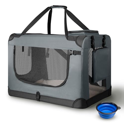 Juskys Hundetransportbox Lassie L faltbar & tragbar 50x70x52 cm mit Decke, Tasche & Griffen - Faltbare Transportbox für Hunde, Katzen & Haustiere - Oxford Stoff Hundebox Auto Hundetasche - Grau von Juskys