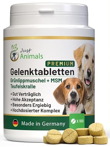 Just Animals® Gelenktabletten für Hunde mit Grünlippmuschel, Teufelskralle, MSM, Glucosamin, Chondroitin, Bierhefe, Curcuma Extrakt (100 Tabletten) | Für Hunde Aller Rassen & Alters | Qualitätsware von Just Animals