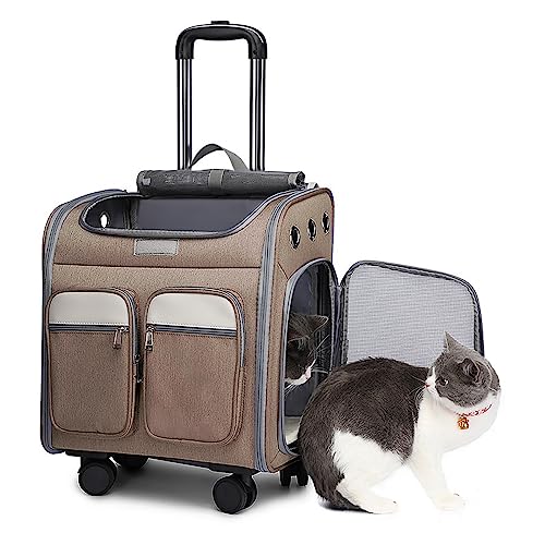 K ERATISNIK Haustier-Rucksack mit Rädern, atmungsaktiv, mit Rollen, zusammenklappbar, für kleine Hunde, Katzen, Welpen, Hundebuggy, Reisewagen (groß, braun) von K ERATISNIK