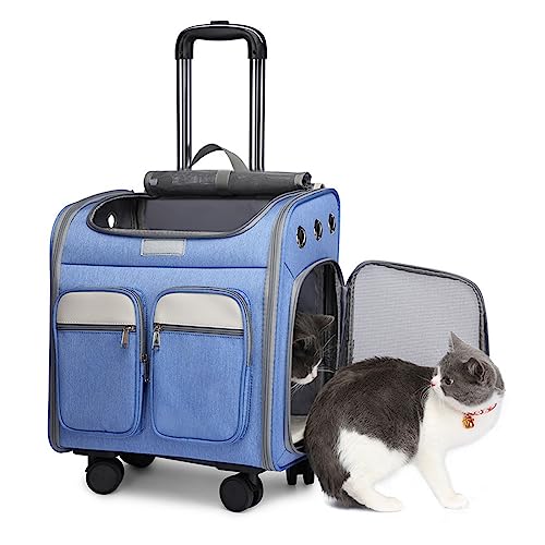 K ERATISNIK Haustiertragerucksack mit Rädern, atmungsaktiv, zusammenklappbar, für kleine Hunde, Katzen, Welpen, Hundewagen, Reisegepäckträger (groß, blau) von K ERATISNIK