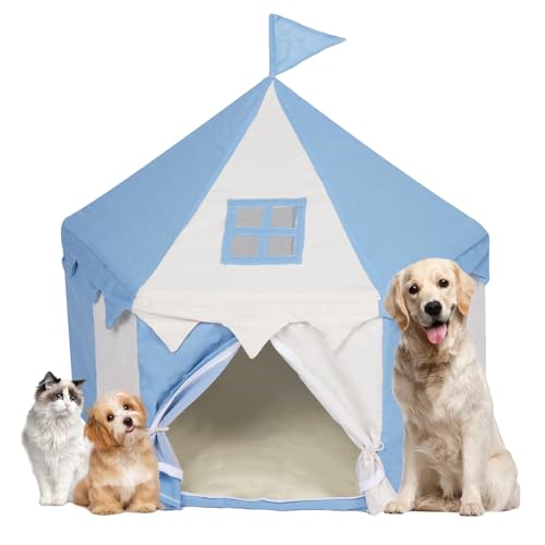 Katzen-Prinzessinnen-Zelthaus – Haustier-Hunde-Tipi, tragbares Zelt, großes Höhlenbett für Katzen und kleine Hunde, für drinnen und draußen, Blau von K ERATISNIK