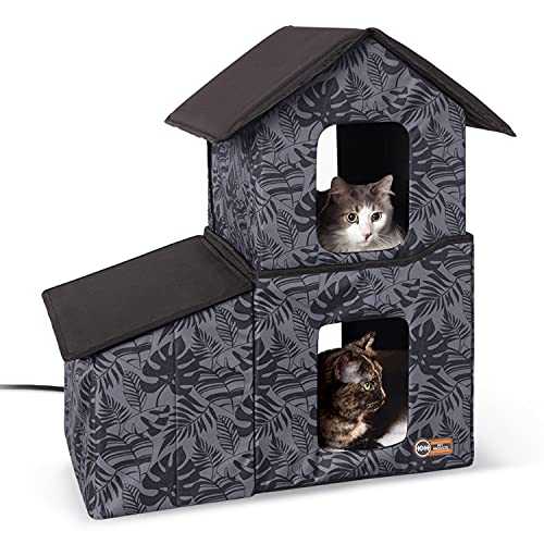 K&H PET PRODUCTS Zweistöckiges Katzenhaus im Freien mit Esszimmer, beheiztes graues Blatt, 55,9 x 68,9 x 68,9 cm von K&H PET PRODUCTS