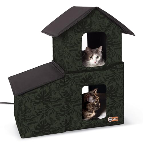 K&H PET PRODUCTS Beheiztes Katzenhaus für den Außenbereich, zweistöckig, mit Esszimmer und grünem Blatt, 56 x 68 x 68 cm von K&H