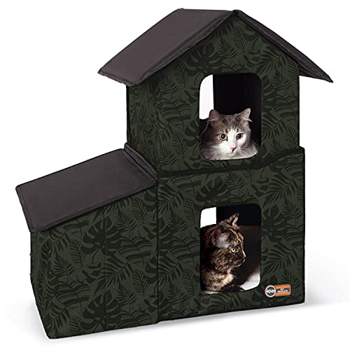 K&H PET PRODUCTS Beheiztes Katzenhaus mit 2 Etagen für den Außenbereich, unbeheiztes grünes Blatt, 56 x 68 x 68 cm von K&H PET PRODUCTS