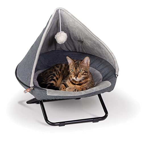 K&H PET PRODUCTS Cozy Cot erhöhtes Haustierbett mit Kapuze, für Katzen, tragbarer runder Papasan-Stuhl für Katzen, maschinenwaschbar, grau, klein, 48,3 cm von K&H