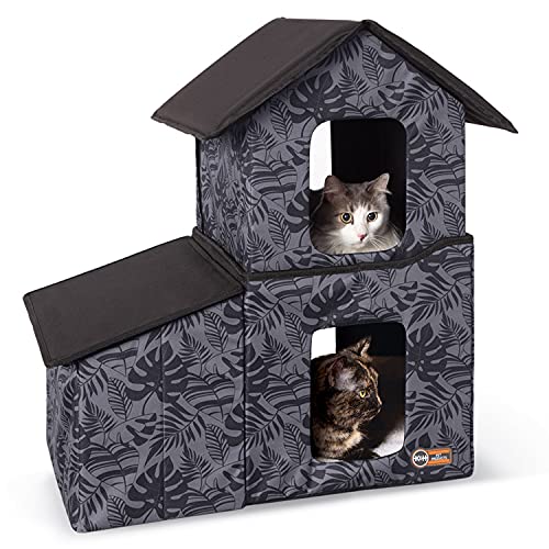 K&H Pet Products Beheiztes Katzenhaus mit 2 Etagen für den Außenbereich, unbeheizt, graues Blatt, 56 x 68 x 68 cm von K&H PET PRODUCTS