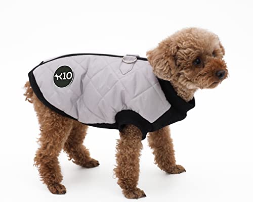 K10 Quiltee-Mantel – gesteppter Wintermantel für Hunde mit Leinenbefestigung – wasserabweisend – Polarfleece-Futter – leicht – Reißverschluss – maschinenwaschbar (S, Silbergrau) von K10